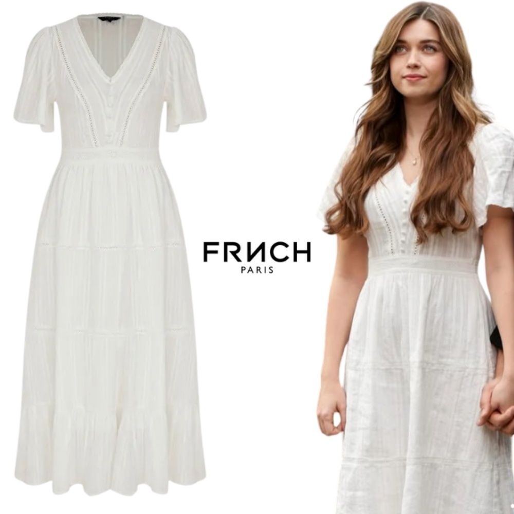 Anthropologie FRNCH NWT White Arina Midi Dress Bohemian Peasant Tiered Lace - S
